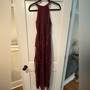Honey Punch Red Romper Halter lace maxi dress overlay